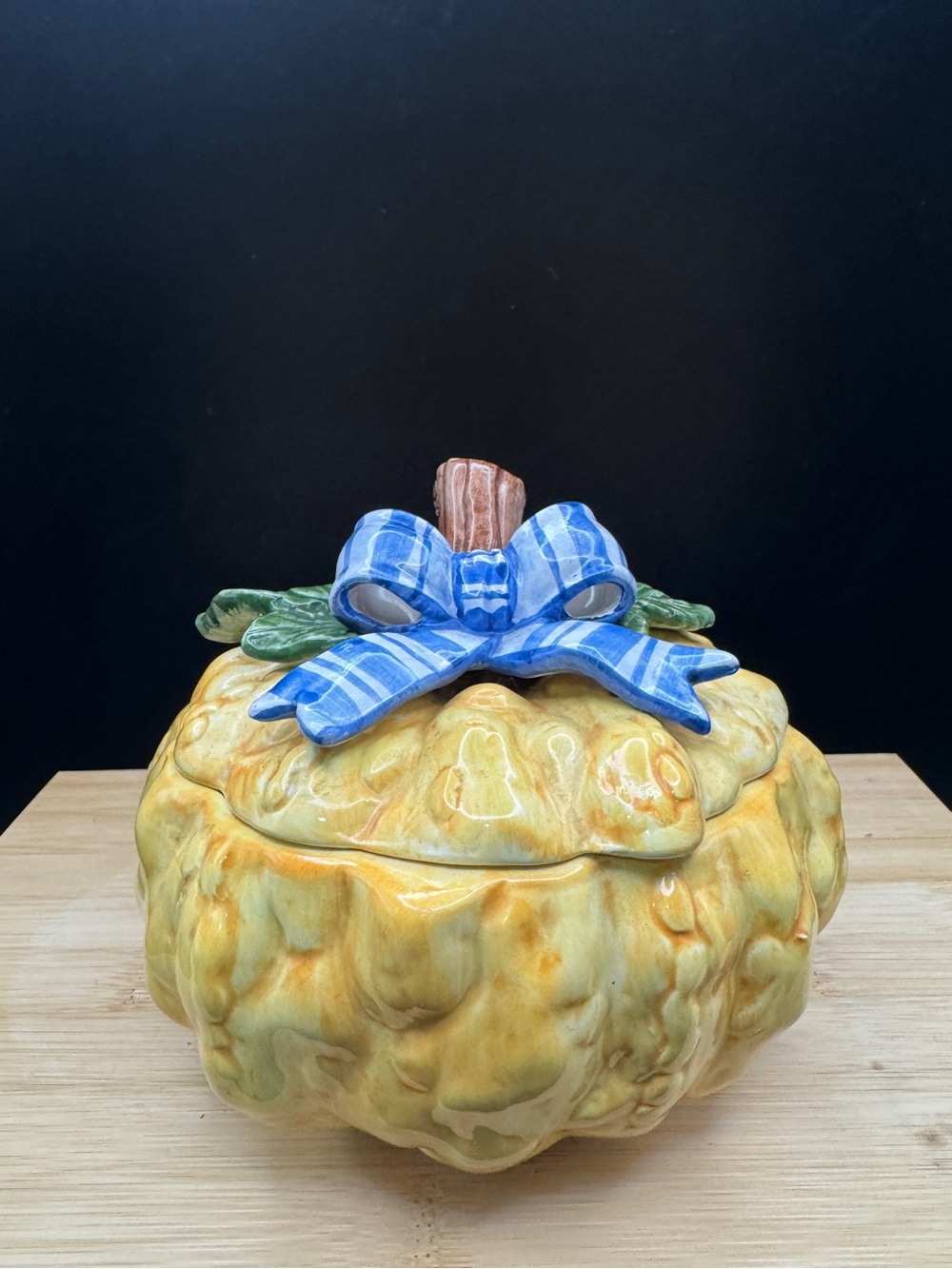 Vintage Fitz and Floyd RARE Ceramic Gourd Lidded Butter Tub with Blue Bow